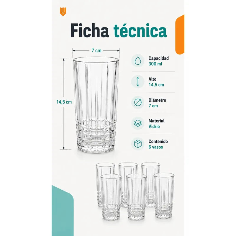 Set Vasos Vidrio Jugo Bebida Transparente Cristal 300 Ml Transparente Cristalino Vidrio Incoloro Brillante Elegante Neutro Cocina Comedor Jugos Bebidas Cocteles Pack 6 Vasos 300 Ml