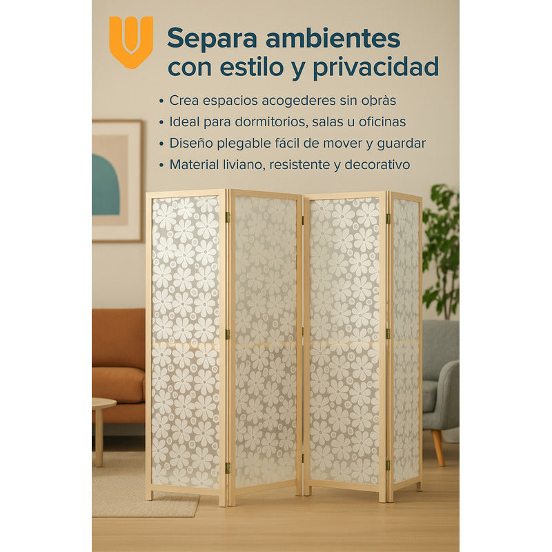 Biombo Separador Ambientes Ratan Moderno 4 Puertas 180 Cm