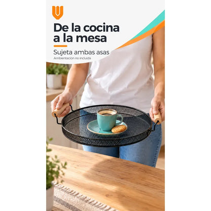 Bandeja Circular Metal Negro Asas Madera Desayuno 28cm Negro Bandeja Circular Redonda Malla Metal Asas Madera Base Calada Borde Bajo Servicio Desayuno Once Café Té Cocina 28cm